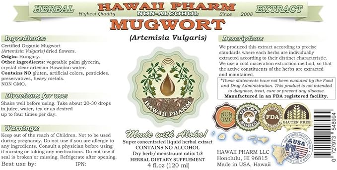 Mugwort Alcohol-Free Liquid Extract, Organic Mugwort (Artemisia vulgaris) Dried Flower Glycerite Natural Herbal Supplement, Hawaii Pharm, USA 15x4 oz