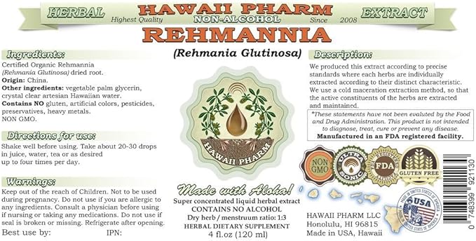 Rehmannia Alcohol-Free Liquid Extract, Organic Rehmannia (Rehmania Glutinosa) Dried Root Glycerite Natural Herbal Supplement, Hawaii Pharm, USA 64 fl.oz