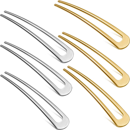 6 Pieces French Hair Pins Simple Metal U Shaped Hairpins Gold Hair Fork Sticks 2 Prong Updo Chignon Pins For Women Girls Buns Ha