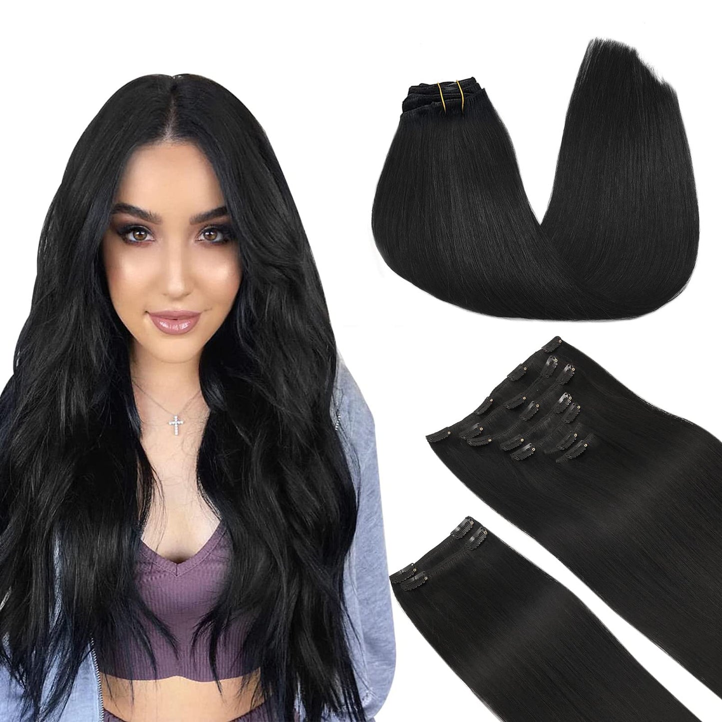 Doores Clip In Hair Extensions Real Human Hair, Jet Black 150G 9Pcs 16 Inch, Remy Hair Extensions Clip In Human Hair Hair Extens