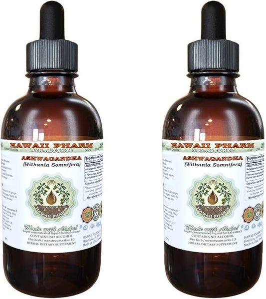Ashwagandha Alcohol-Free Liquid Extract, Organic Ashwagandha (Withania Somnifera) Dried Root Glycerite Hawaii Pharm Natural Herbal Supplement 2x2 oz