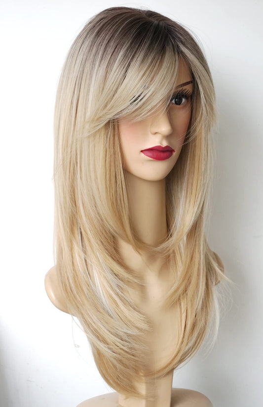 Long Layered Shoulder Length Blonde With White Highlight Wig Synthetic Hair Multicolor Wigs For White Women (Blonde With White H