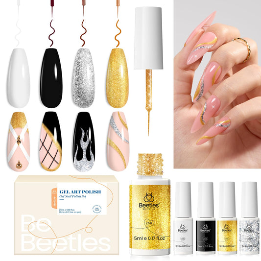 Beetles Nail Art Liner Gel Polish Set, 4 Pcs Neutral Classic Glitter Reflective Colors Swirl Manicure Design Shiny Gold Silver B