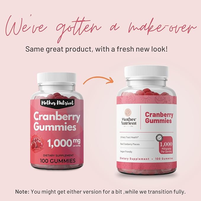Mother Nutrient Cranberry Gummies Supplement for Women & Kids- Urinary Tract Health- Less Tart & 90% Less Sweet, Gluten-Free, Non-GMO, Vegan - Pure Cranberry Extract 1000mg - 100 Count.