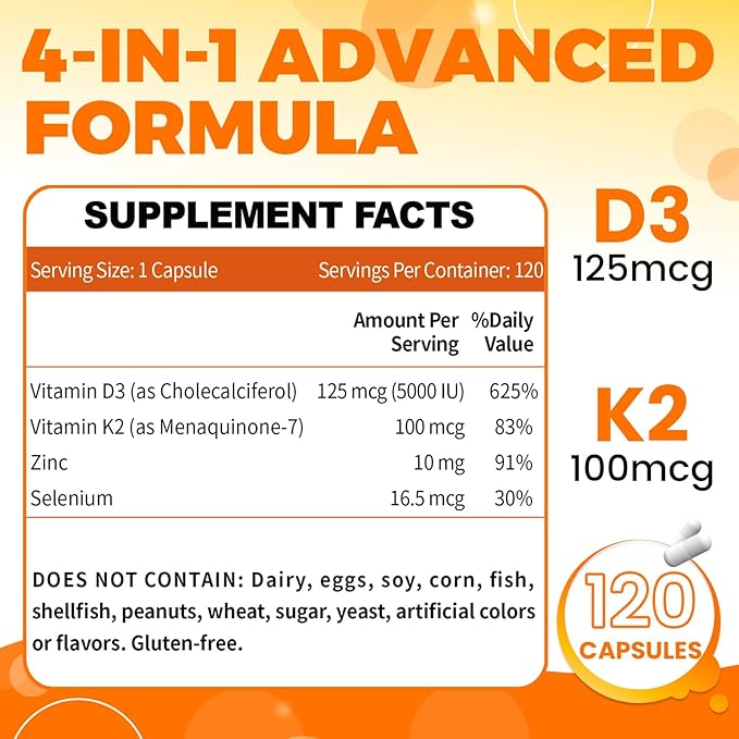 ZEBORA Vitamin D3 K2 with Zinc and Selenium - 5000 IU of Vitamin D3, 100 Mcg MK7 Vitamin K2 for Maximum Absorption, Supports Bones, Teeth & Immune Healt, 120 Capsules