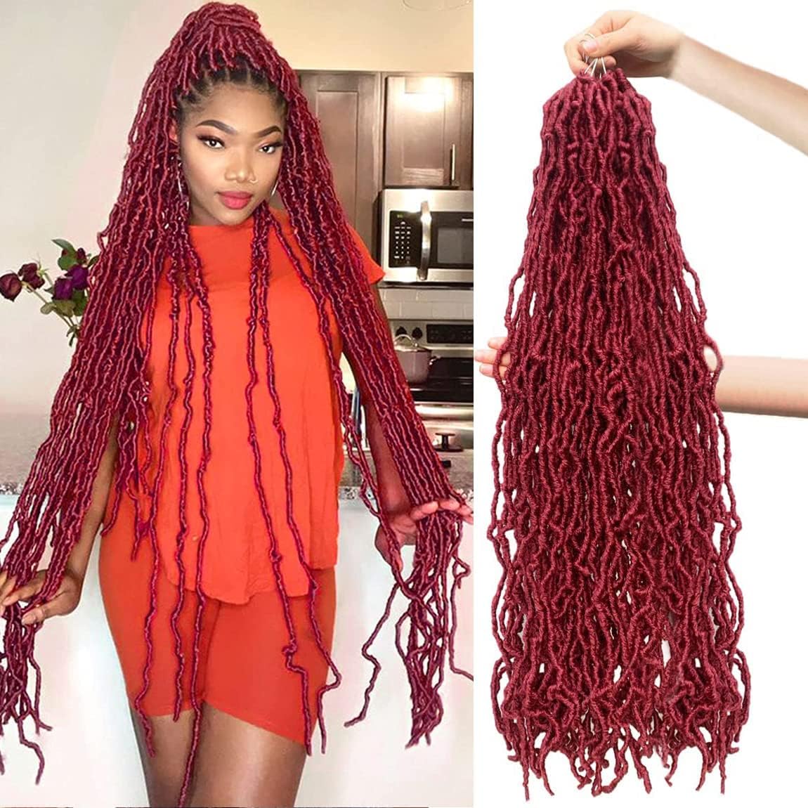 36 Inch 1 Packs Soft Locs Bug Red Color Burgundy Crochet Hair Pre Extended Long New Faux Locs Pre-Looped Super Lightweight Synth