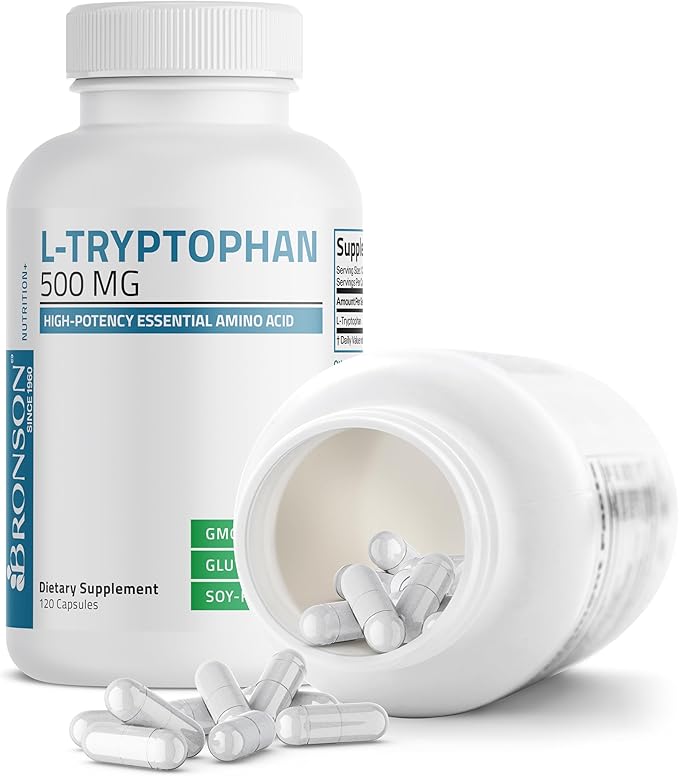 Bronson L-Tryptophan 500 MG High Potency Essential Amino Acid Supports Relaxation & Positive Mood Support Non-GMO, 120 Capsules