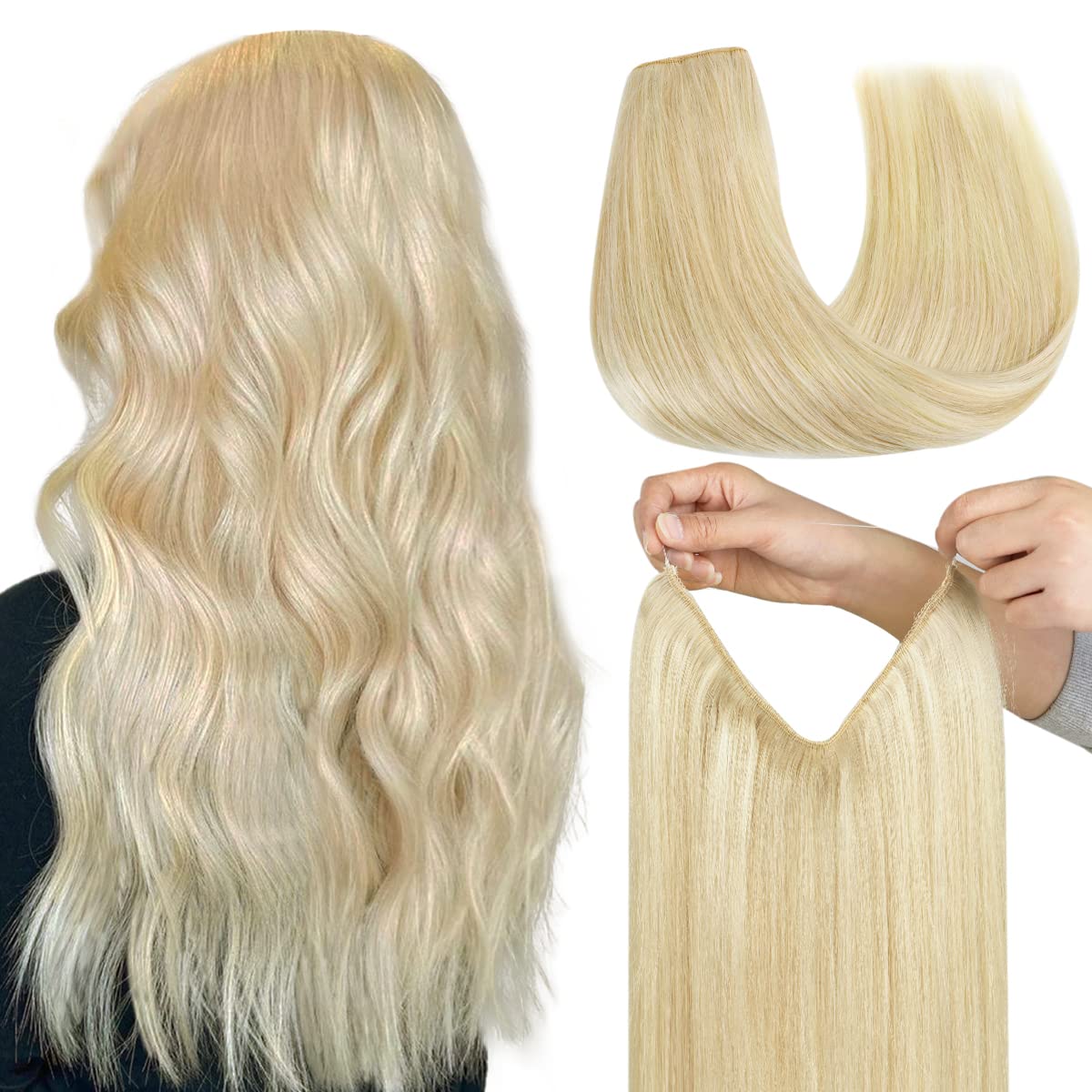 Hotbanana Wire Hair Extensions, 16 Inch 95G Bleach Blonde Invisible Fish Line Real Human Hair Extensions Straight