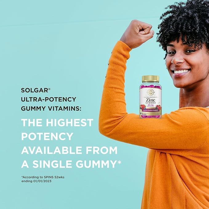 Solgar Zinc Gummies Adult Vitamin with 25mg Ultra Potency Zinc Citrate for Immune Support - Mixed Fruit Flavor, Vegan, Kosher & Gluten Free Gummy Supplements for Women & Men, 2g Sugar, 60 Servings