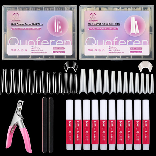 480Pcs Coffin Nail Tips For Acrylic Nails Professional Set, Xxl Extra Long Acrylic Nail Tips And Glue Set, Half Cover Natural &