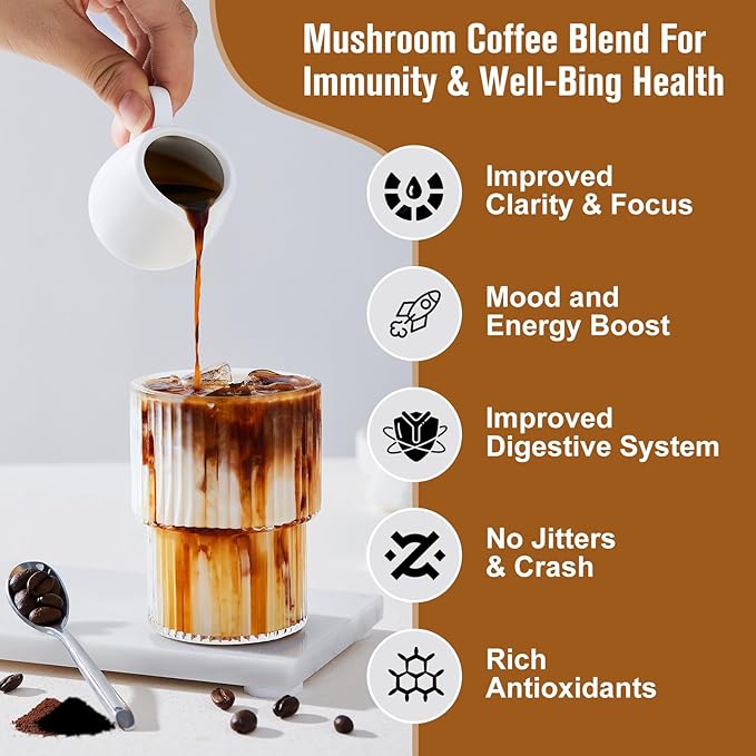 Mushroom Coffee - Lions Mane Mushroom Powder Instant Coffee with Lion's Mane, Reishi, Chaga, Cordyceps, and Turkey Tail - Mushroom Coffee Alternative for Energy,Focus, Brain Booster - Chocolate