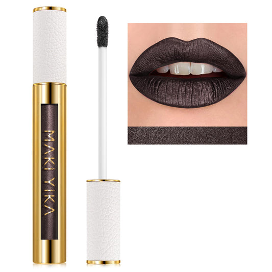 Maki Yika Metallic Lipstick For Women Black Lipsticks Long Lasting Glitter Lipstick No Smudge No Transfer Full-Coverage Liquid L