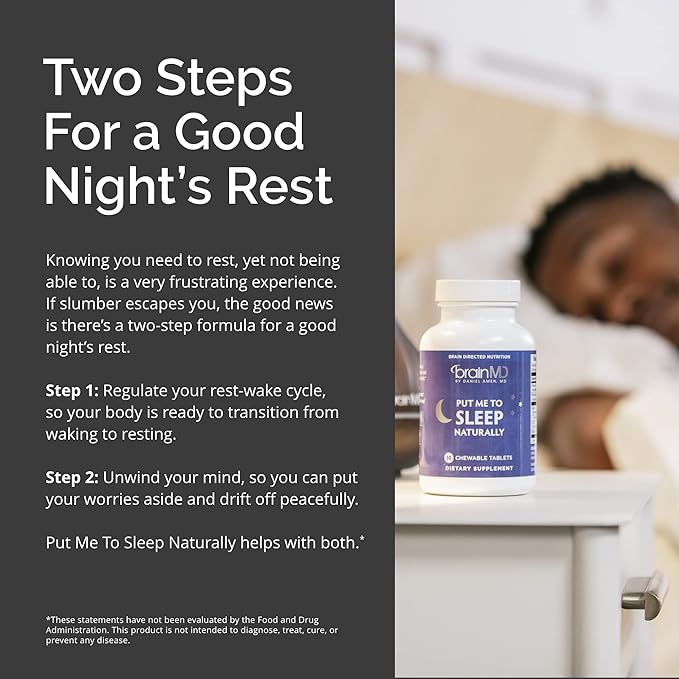 BRAINMD Put Me to Sleep Naturally - 90 Chewable Tablets - with Melatonin, L-Theanine, Magnesium, GABA, Vitamin B6 & 5-HTP - Gluten Free - 45 Servings