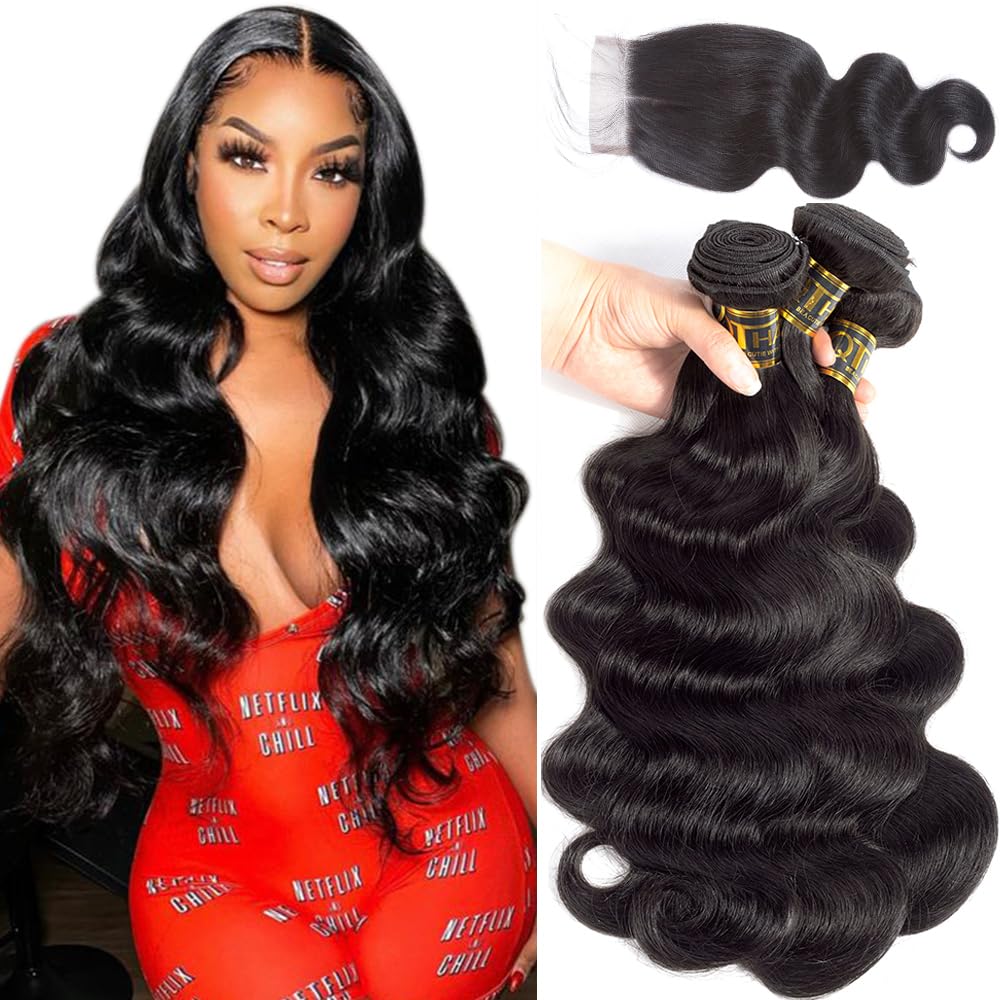 Qthair 14A Brazilian Human Hair Body Wave With 4X4 Middle Part Lace Closure(14 16 18 With 12 Inch,Natural Black) 100% Unprocesse