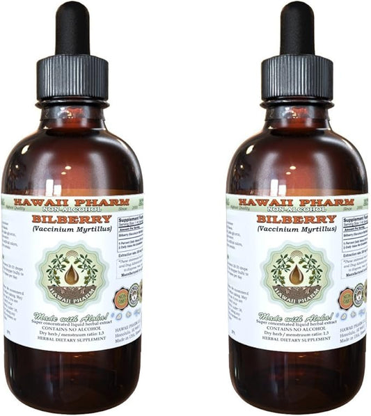 Bilberry Alcohol-Free Liquid Extract, Organic Bilberry (Vaccinium myrtillus) Dried Leaf Glycerite Hawaii Pharm Natural Herbal Supplement 2x2 oz