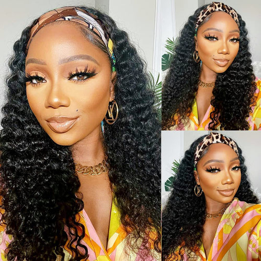 Long Human Hair Headband Wig Curly Headband Wig Deep Wave Wear And Go Glueless None Lace Human Hair Wigs Natural Color(28 Inches