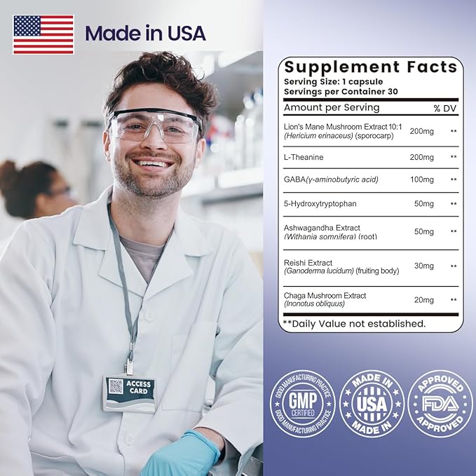Lions Mane Mushroom Supplement Modern Mushrooms Capsules, Mushroom Supplement with Lions Mane, L-Theanine, & Ashwagandha Extract to Support Energy, Focus, Immunity, & Digestion - 60 Caps