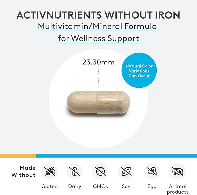 XYMOGEN ActivNutrients Without Iron - Multivitamin Multimineral for Wellness, Immune, Energy and Mood Support - Chelated Minerals + Active B Vitamins with Folate (60 Capsules)