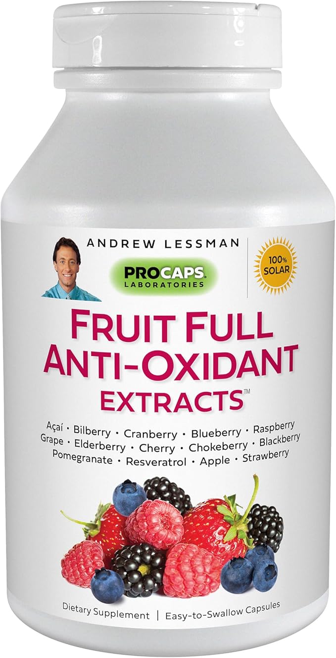 ANDREW LESSMAN Fruit Full Anti-Oxidant Extracts 180 Capsules - 14 Natural Fruit and Berry Extracts. Bilberry, Cranberry, Grape Seed, Pomegranate, Resveratrol, and More. Easy to Swallow Capsules