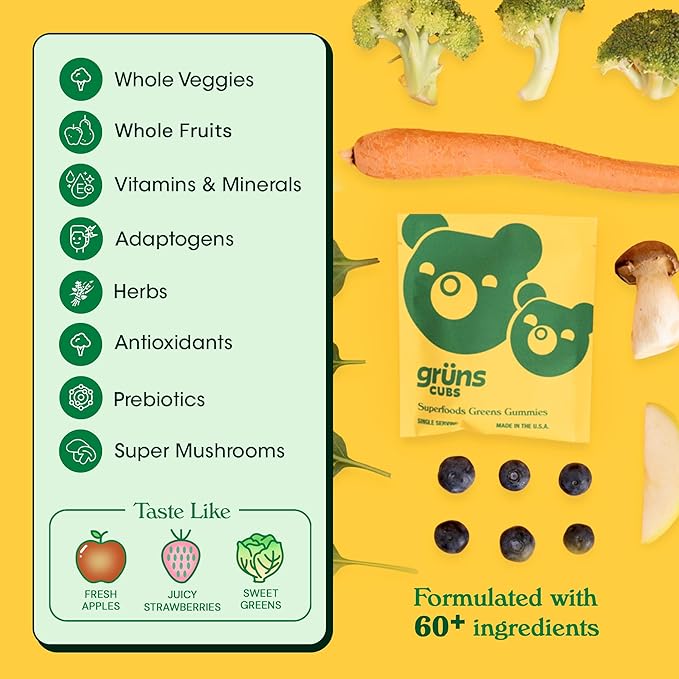 Gruns Kids Vitamins, Super Greens Gummies - Superfood Gummy Bears with Spirulina, Chlorella, Prebiotics Fiber for Digestive Health, Adaptogens Supplement with 20 Vitamins & Minerals, 28 Day Supply