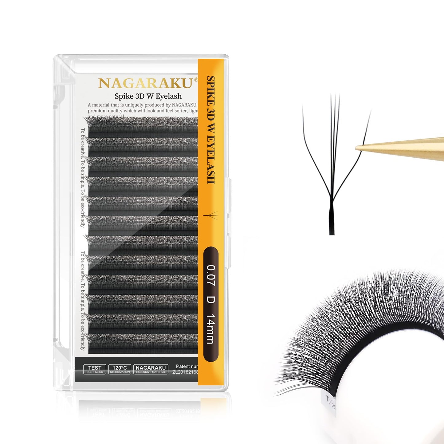 Nagaraku Eyelash Extensions Cluster 3D W Shape Triple-Core Volume Lashes Hand Woven Long Stem 0.07Mm D Curl 14Mm Matte Black Pre