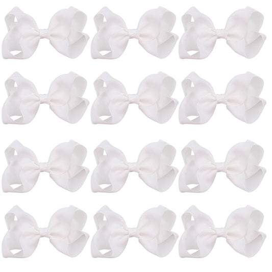4 Inch Boutique Girls Hair Bows Hair Clips For Baby Girls Toddlers 12 Pcs Solid Color (White)