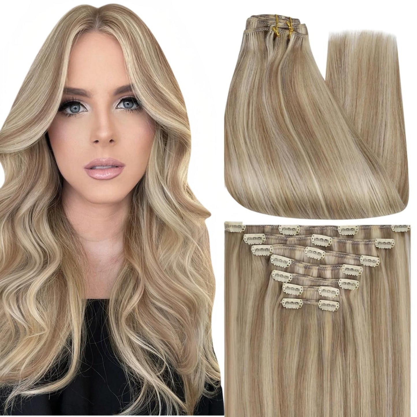 Full Shine Clip In Extensions 20 Inch Golden Blonde Mix Light Blonde Thick Human Hair Clip In Extensions Professional Hair Exten