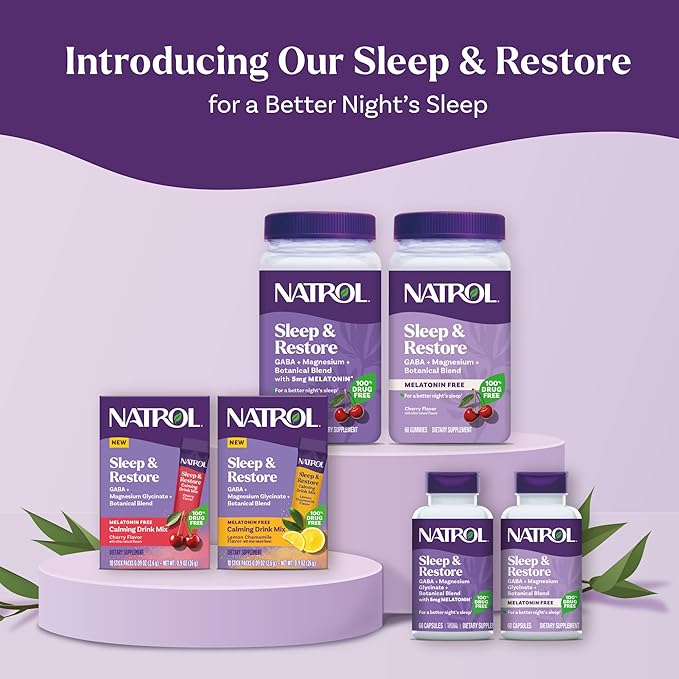 Natrol Sleep + Restore Calming Drink Mix with Magnesium Glycinate, Magnesium Sleep Aid, Melatonin-Free, Lemon Chamomile, 10 Stick Packs
