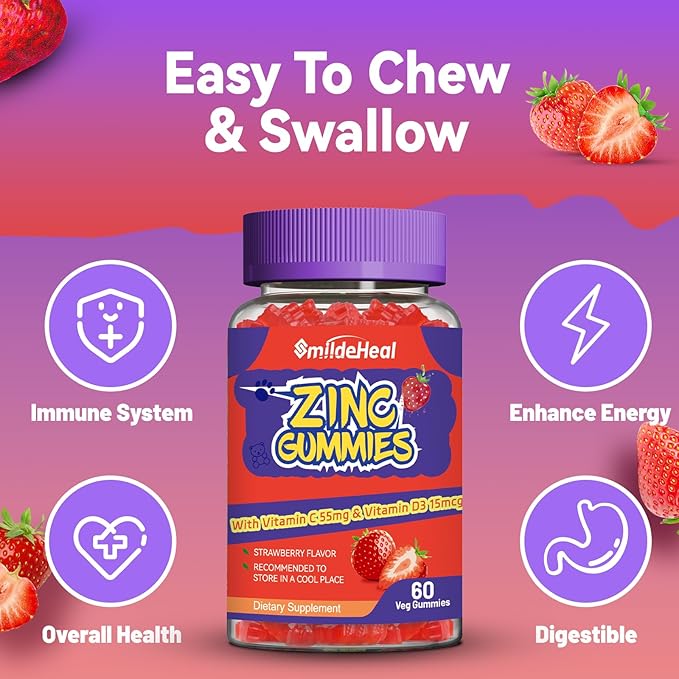 Zinc Gummies, Zinc 50mg, Zinc Citrate, with Vitamin C, Vitamin D3, Non-GMOs, Gluten Free, Strawberry Flavor Gummies, 60 Count (Pack of 2)