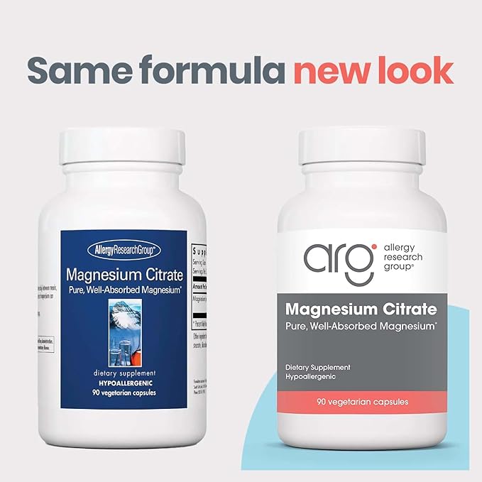 Allergy Research Group Magnesium Citrate Dietary Supplement - Bone & Stress Support, Well-Absorbed, Hypoallergenic, Vegetarian Capsules - 90 Count