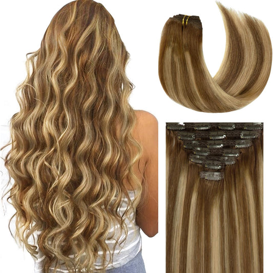 Lacer 22 Inch Highlight Chocolate Brown To Caramel Blonde Remy Clip In Human Hair Extensions Straight Balayage Real Natural Hair