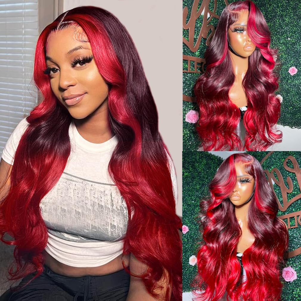 Yms Black And Red Wig Human Hair Ombre Red Hd Lace Front Wigs Human Hair 180% Density Wigs For Women Body Wave Glueless Wigs Hum