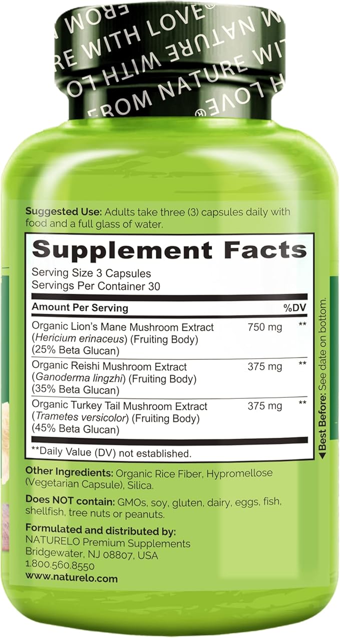 NATURELO Mushroom Supplement – Brain & Immune Health Blend with Lion’s Mane, Reishi, Turkey Tail – 90 Vegan Friendly Capsules