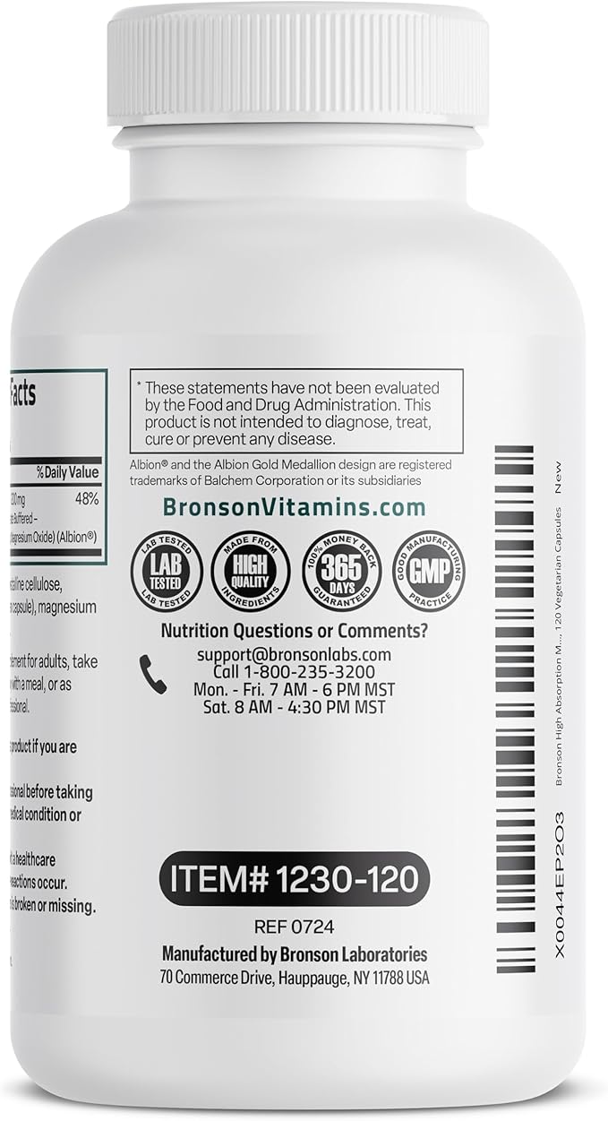 Bronson Magnesium Glycinate 200 MG per Serving Chelated for High Absorption, Gentle On Stomach, Non-GMO, 120 Vegetarian Capsules