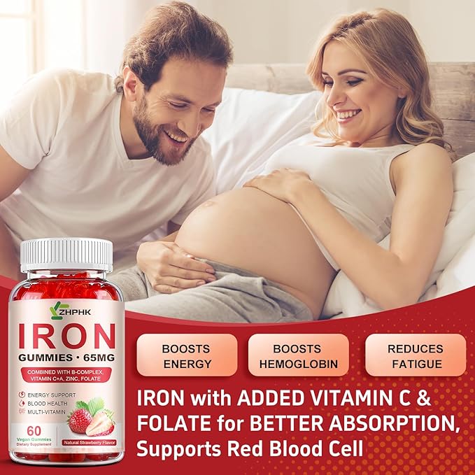 Iron Supplement Gummies, 65mg Iron and 250mg Vitamin C for Women Men Kids, Natural Vegan Iron Gummy with Vitamin A, B-Complex, Biotin, Zinc & Folate Energy Support & Immune Health, 60 Gummies