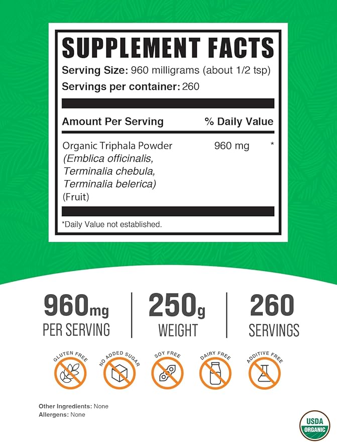 BulkSupplements.com Organic Triphala Powder - Triphala Supplements with Amla, Haritaki, and Bibhitaki - Gluten Free, 960mg per Serving, 250g (8.8 oz) (Pack of 1)
