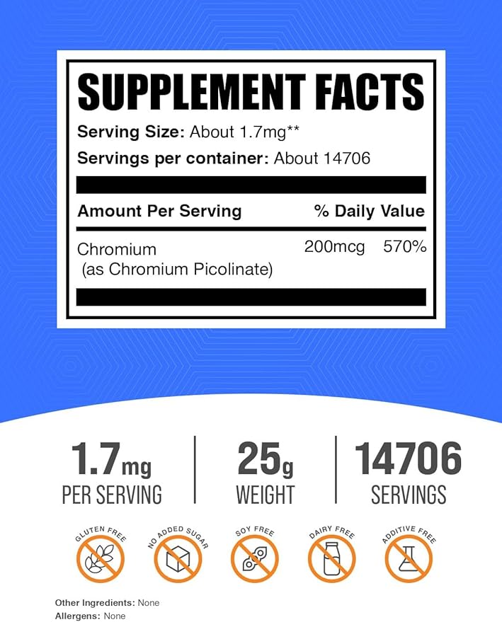BulkSupplements.com Chromium Picolinate 200mcg Powder - Mineral Supplements - Gluten & Yeast Free, 200mcg of Chromium per Serving, 25g (0.88 oz) (Pack of 1)