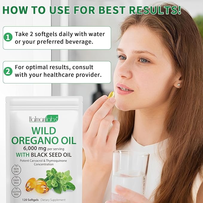 2 Pack Oil of Oregano Softgels, Oregano Oil Capsules, 165mg Carvacrol, 2 in 1 6000mg Oil of Oregano with Black Seed Oil 200mg, Oregano Oil Supplement Capsules