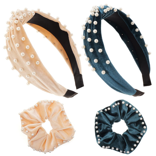 Lovnfc Trendy Women'S Headband Set Stylish Knotted Headbands And Hair Loops For Girls With Wide Knot Headscarves In Pearl Velvet