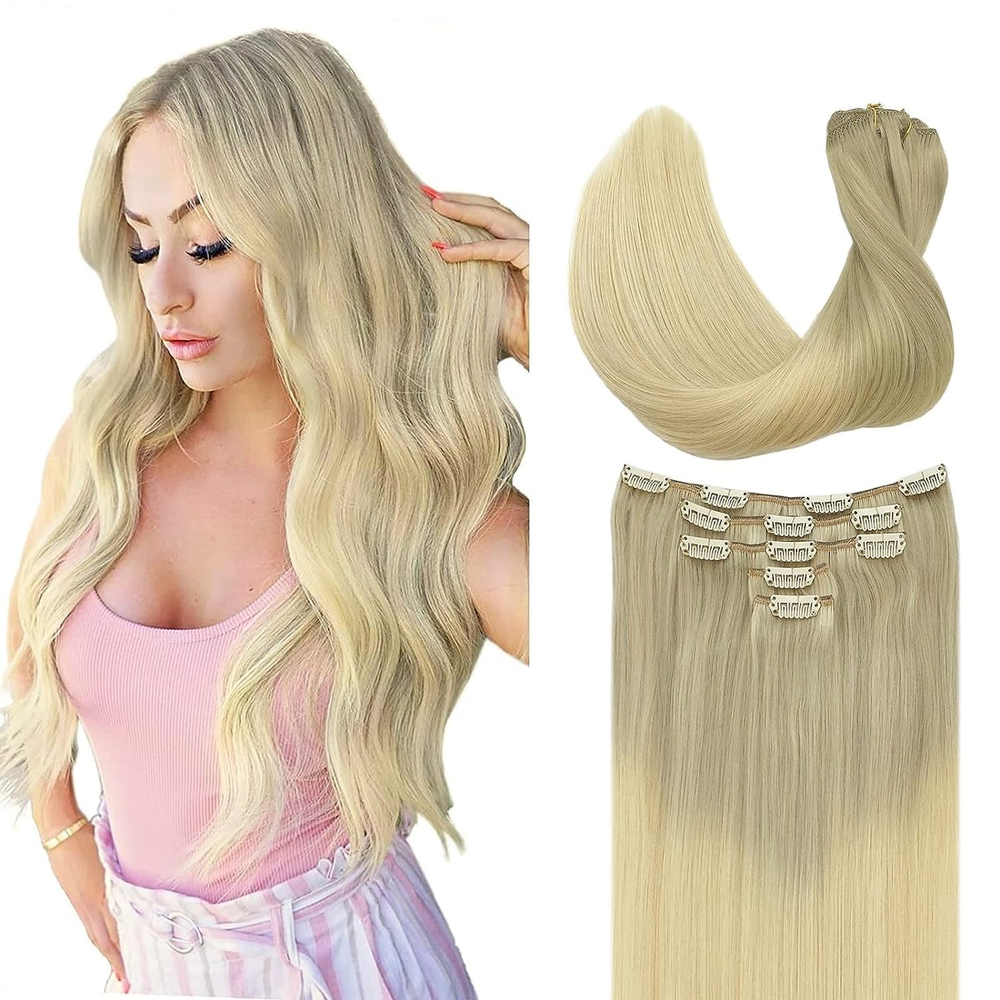 Doores Clip In Human Hair Extensions, 5Pcs 80G Balayage Ash Blonde To Golden Blonde And Platinum Blonde 20 Inch Real Hair Extens
