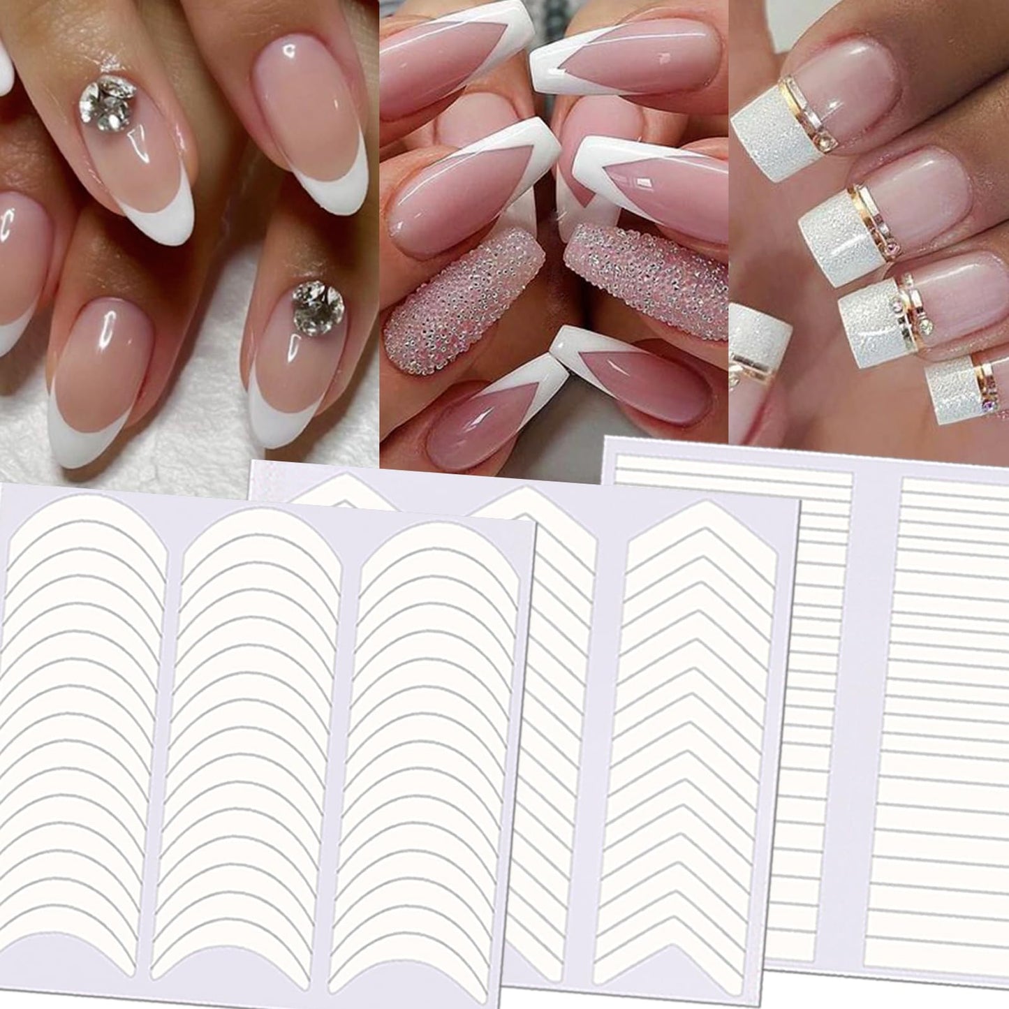 Tailaimei 1752 Pieces 3 Designs French Manicure Nail Art Stickers, Self-Adhesive Nail Tips Guides For Diy Decoration Stencil Too
