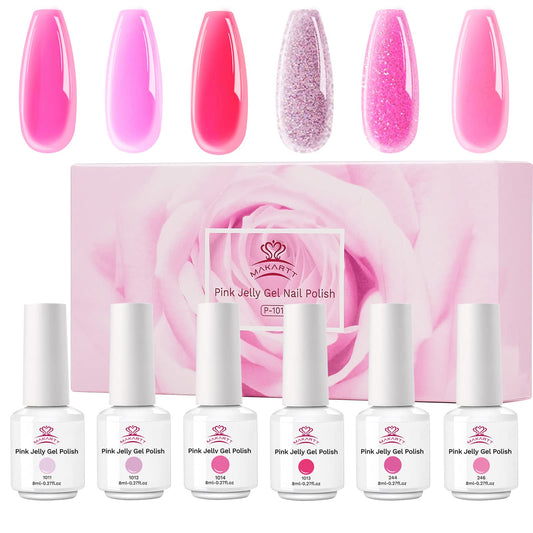 Makartt Jelly Gel Nail Polish Kit 6 Color 8Ml Light Baby Hot Pink Red Translucent Soak Off Nail Gel Polish Crystal Glitter Korea