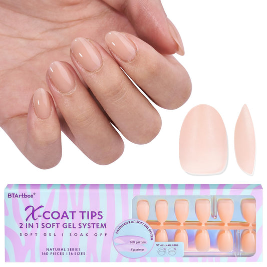 Btartbox 160Pcs Almond Plastic False Nails, Extra Short With Primer Cover, Jelly Xcoattips, 16 Sizes, Full Well Tips, Pressure C