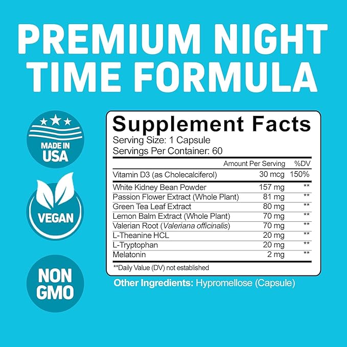 Herbtonics Night Time Supplement with Melatonin to Support Sleep & Metabolism | Melatonin & L-Theanine for Women and Men | Non-GMO, 120 Vegan Friendly Capsules