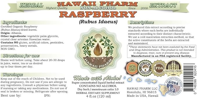 Raspberry Alcohol-Free Liquid Extract, Organic Raspberry (Rubus idaeus) Dried Leaf Glycerite Natural Herbal Supplement, Hawaii Pharm, USA 2x32 fl.oz