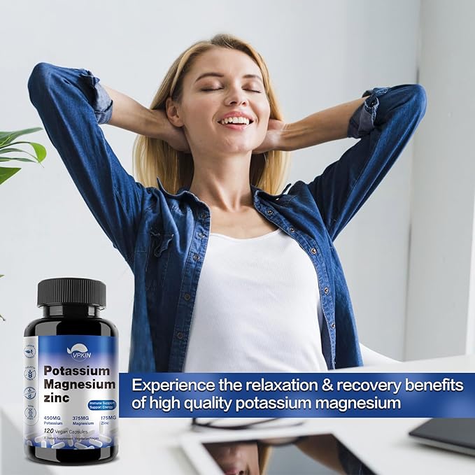 Potassium Magnesium Supplement 1000mg, Magnesium Potassium Zinc Aspartate Support Vascular, Bone, Heart, Muscle & Nerve Health, Non-GMO, Vegan, (120 Capsules)