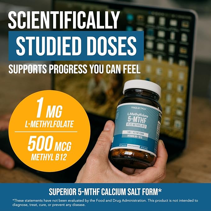 L Methyl Folate 1000 mcg Plus Methyl B12 Cofactor – Active 5-MTHF Form - Supports Mood, Methylation, Cognition – Highly Bioavailable Bioactive Forms of Vitamin B9 & B12 (60 Capsules – 60 Servings)