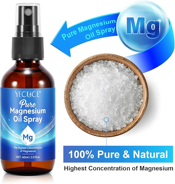 Magnesium Oil Spray, Pure Magnesium Spray for Feet, Magnesium Supplement Fast Absorbent for Leg, Muscle, Bone Health Supplement Topical (2 fl oz)
