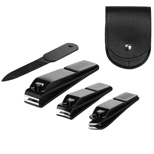 4 Pieces Nail Clippers Set, Ultra Sharp Sturdy Black Stainless Fingernail, Toenail Clipper Cutters And A Nial File With Leather