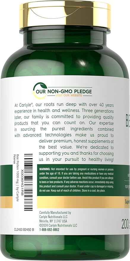 Carlyle Bee Pollen Supplement | 1000mg | 200 Caplets | with Royal Jelly and Bee Propolis | for Men and Women | Vegetarian, Non-GMO, Gluten Free
